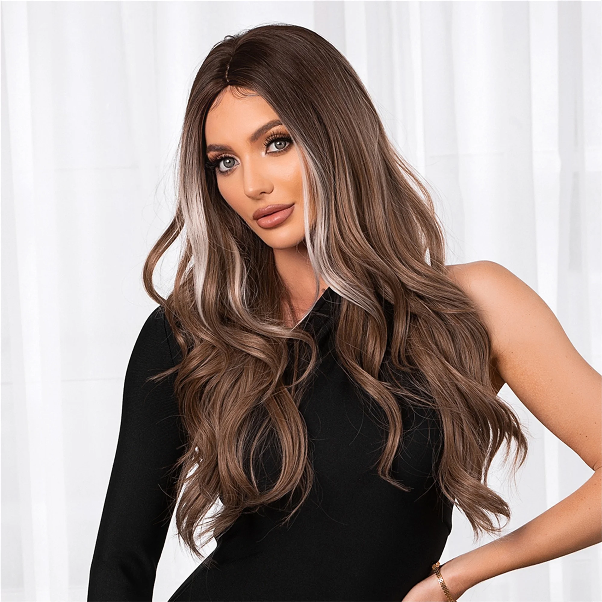 BVR wholesale Wig synthetic hair High Quality Heat Resistant fiber long wavy brown mixed Synthetic Wigs for daily