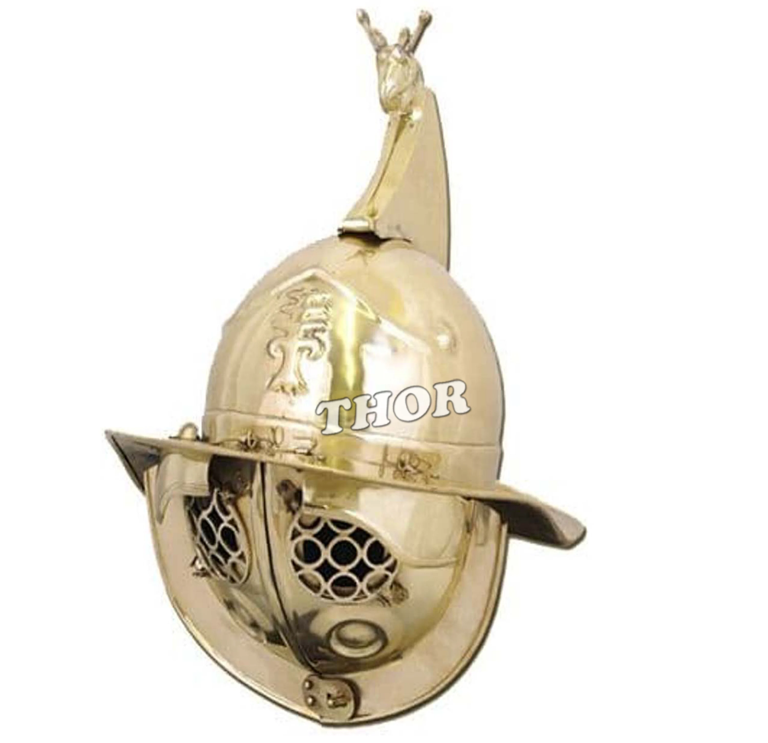 Medieval Gladiator Helmet 18GA STEEL SCA Brass Reenactment Armor Helmet  Leather Liner Brass Polished