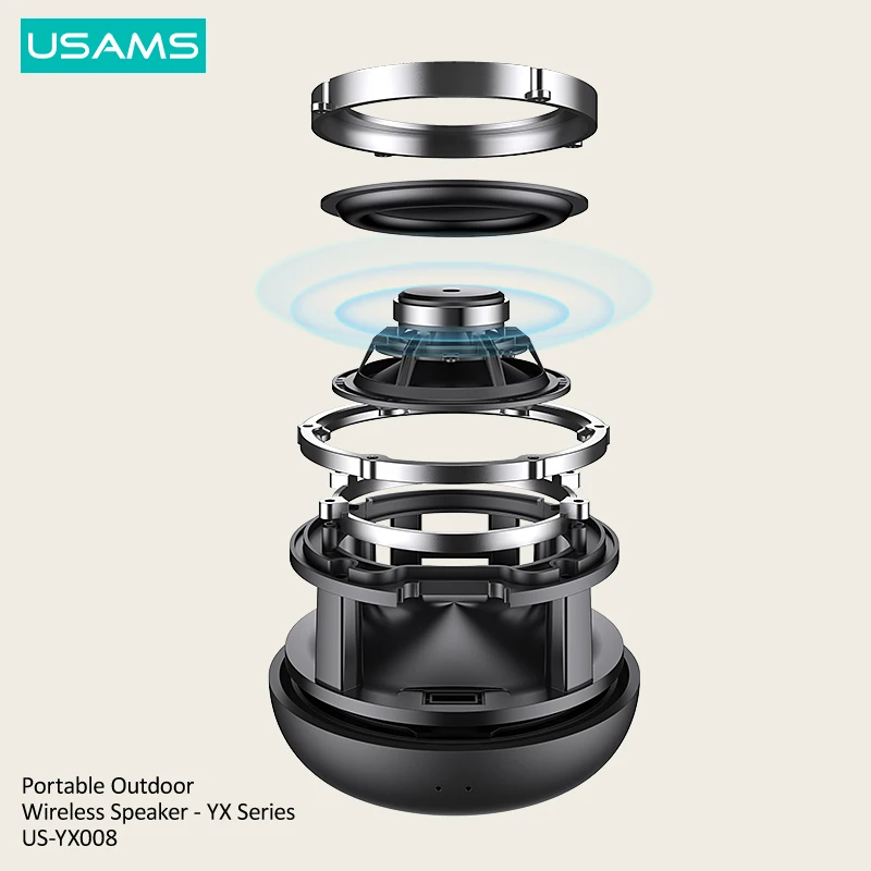 USAMS Portable Outdoor IPX6 Waterproof BT 5.0 Loudspeaker Active Deep Bass Stereo Wireless Speaker