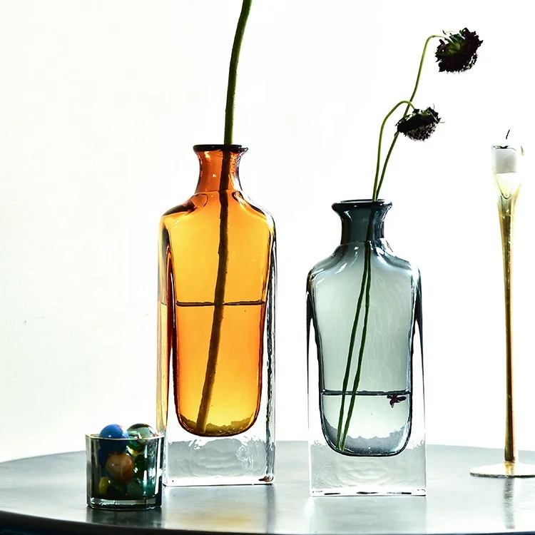 Bixuan Vases Solid Color Handblown Art Glass Flower Arrangement Vase Wine Bottle Shape Table Decor Accent Centerpieces Vases