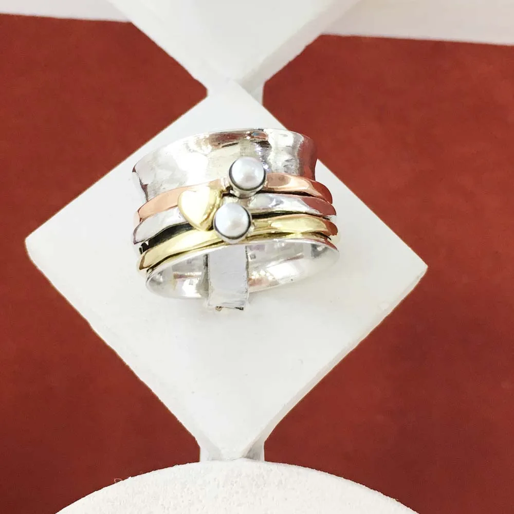 925 Sterling Silver Jewelry Rings Attractive Pearl Gemstone Triple Tone 925 Sterling Silver Spinner Rings Jewelry Manufacturer