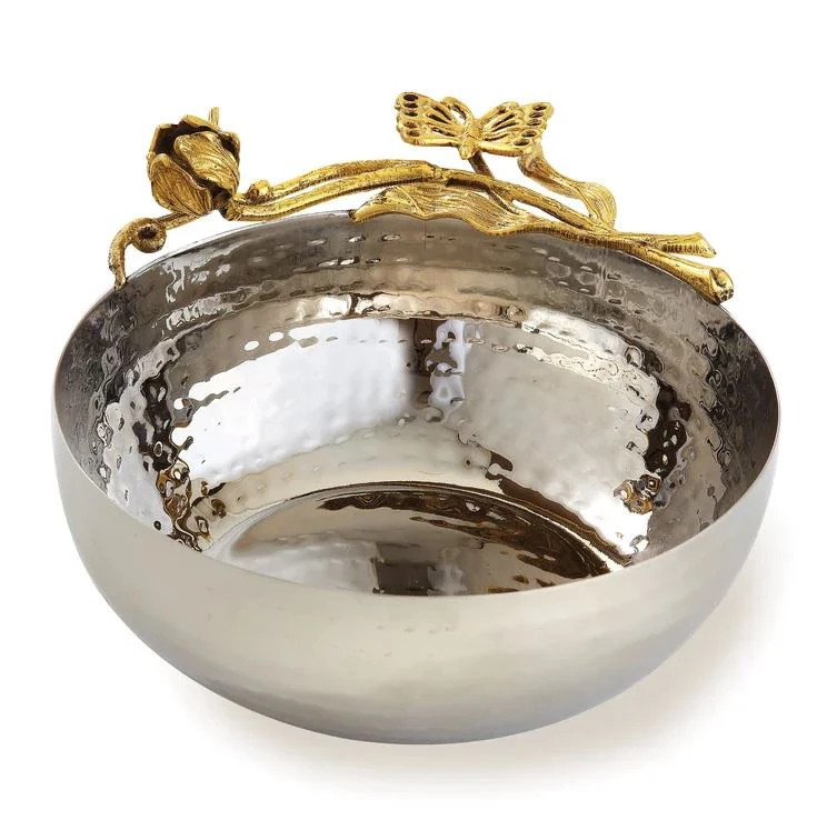 new style decorative metal leaf shaped hammered serving bowl with golden base stand salad food snack fruit serve bowl
