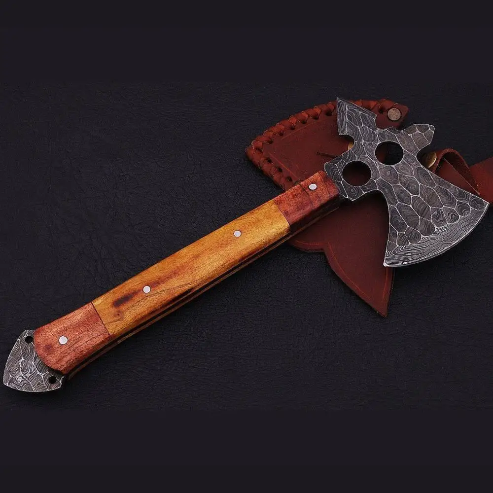 Multifunctional Damascus Steel Axe with Wood Handle Stainless Steel Axe Head for Camping and Cutting