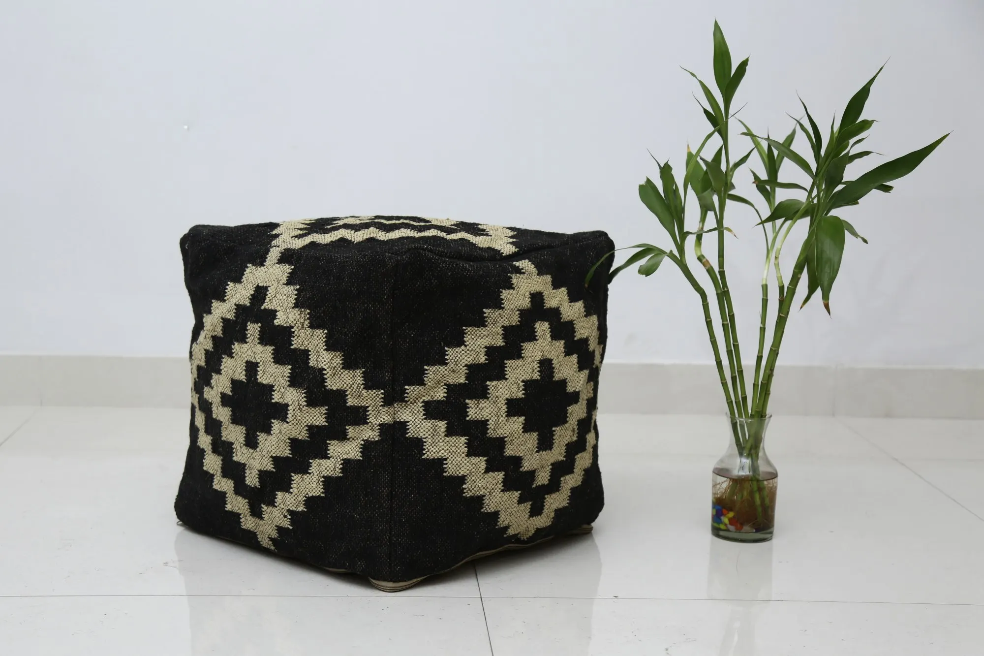 Indian Kilim Ottoman Pouf Cover Jute Wool Floor Cushion Case Wholesale Pouffe Cover Handwoven Sitting Pouf Cover