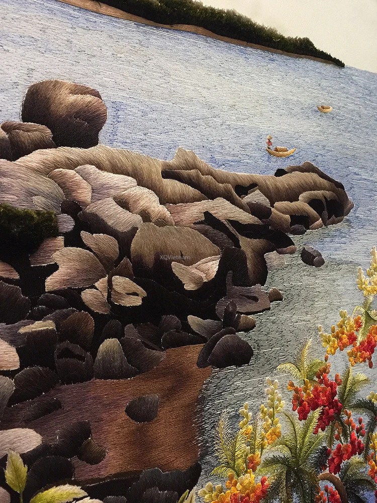 Vietnamese Traditional Embroidery Artworks Sound Of The Ocean Seascape Two Sides Hand Embroidery Paitings