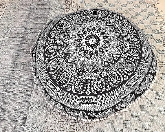 Eye Catching Indian Hippie Traditional Round Elephant Print Floor Pillow Cover Contemporary Decor Pouf Case Mandala Cushion Case
