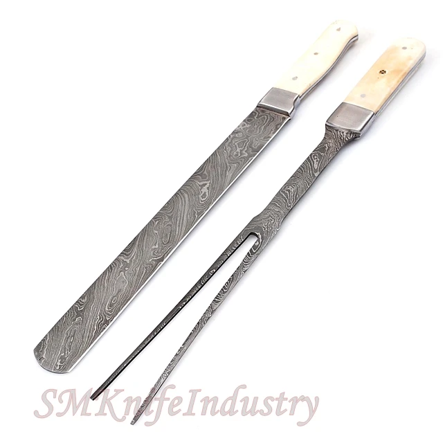 02-Piece Custom Hand Forged Damascus Chef BBQ Knives Fork Set High Quality Steel Kitchen Knife Sharp Features Boning Material