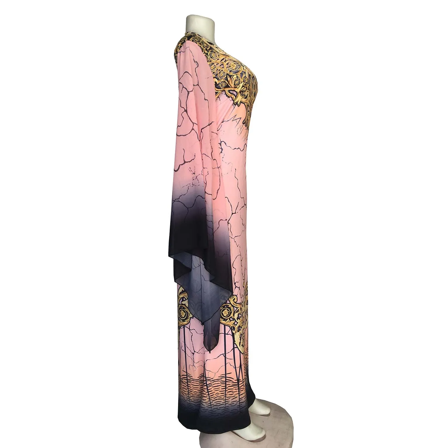 African fashion ladies ware printed v-neck fit body fish-tail big chiffon long hand long dress