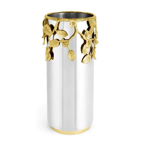 most popular design white and gold metal flower vase with golden flower design flower pot for showpiece