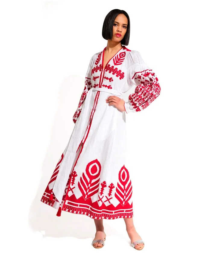 New Fashion Wholesale vintage look  white ukrainian Dress with red embroidery with tassel full sleeve long maxi dress