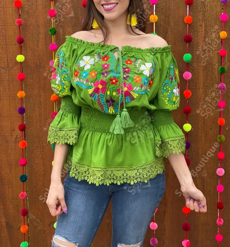 Hand Mexican Style floral  Embroidered Resort Bohemian Dress Hippie Boho Lady Butterfly Sleeve off shoulder  Beach Cover Up