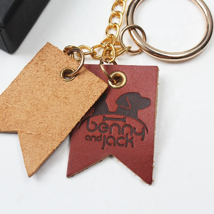 Design Custom Engraved Brand Logo Real Brown Leather Keychains for Men