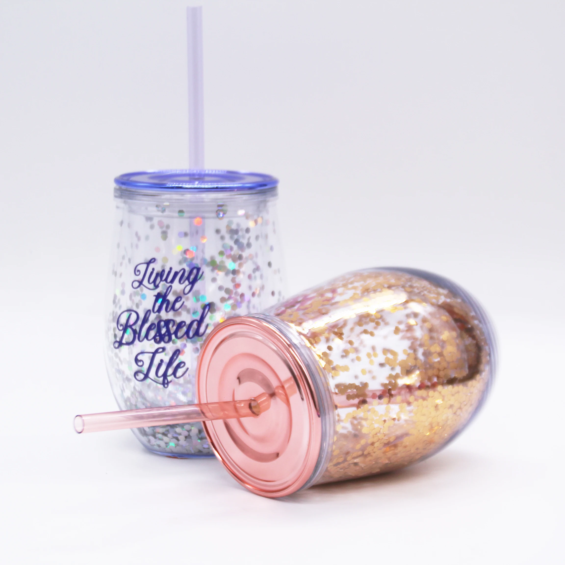Bpa Free Double Wall egg Clear In Bluk 10 oz Egg Shape Plastic Acrylic Cups Cold Drink Glitter Tumbler with Lid