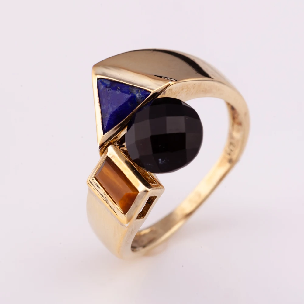 14K gold plated silver 925 adjustable ring with natural lapis tiger eye onyx high quality  from Thailand Manufacturer