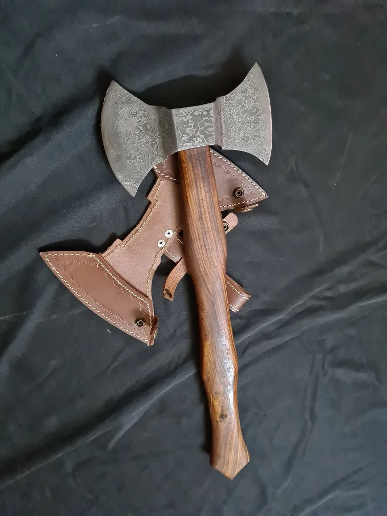 custom handmade Damascus steel double edge blade Axe with leather cover