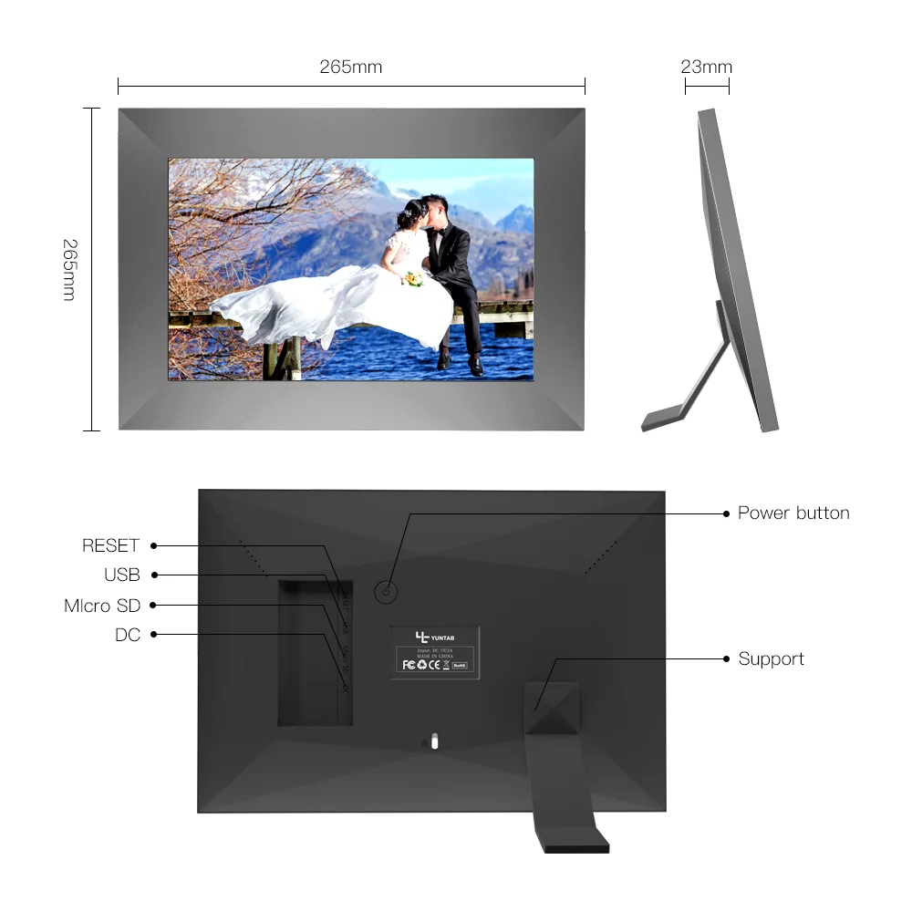 Type  C Gray wood border Digital Frame, 1280P 10 inch WiFi, Support Multi-User Connection and Instantly Share Photo by APP