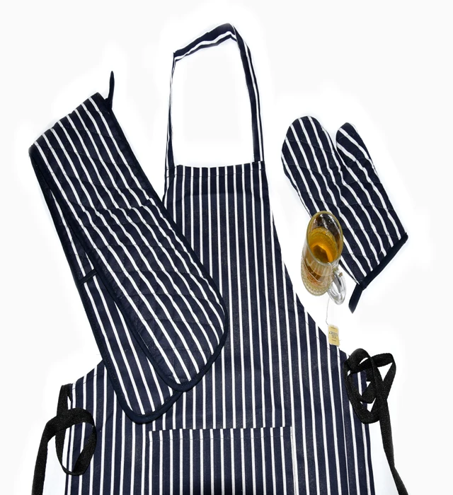 
 Набор Кухонный из 100% хлопка в полоску мясника, фартуки 70x90 см, одиночные перчатки 18x32 см, двойные перчатки 18x92 см  