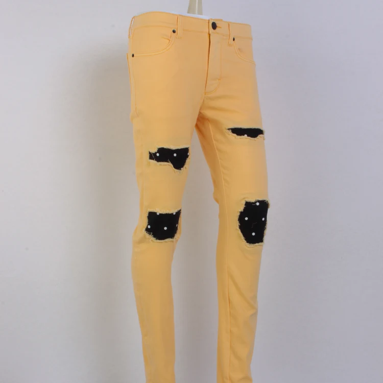 Wholesale Price Custom Fashion Yellow Damaged hole jeans Pants Men Ripped Denim Jeans