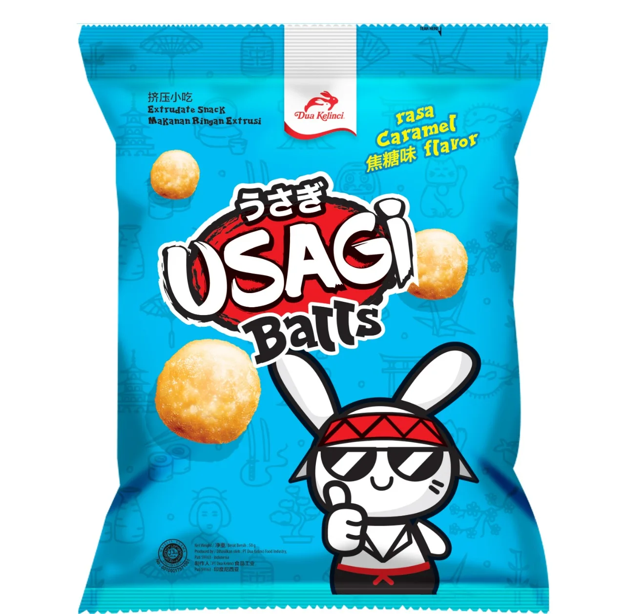 DUA KELINCI - USAGI- PUFF BALLS SNACK CARAMEL FLAVOR SNACK INDONESIA 50 GR