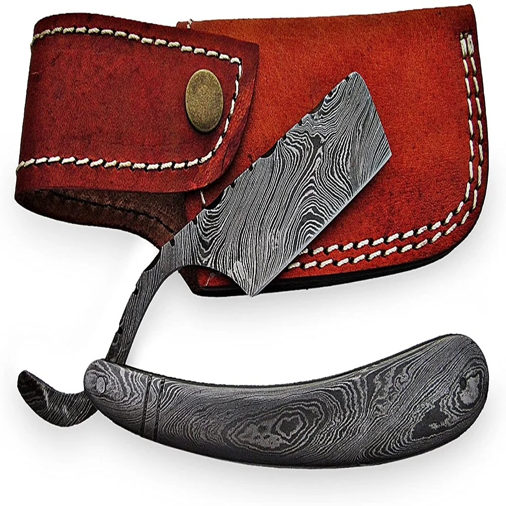 Custom Handmade Damascus steel Straight Razor 8.00 inches With leather & Classic Barber Blade Edge.