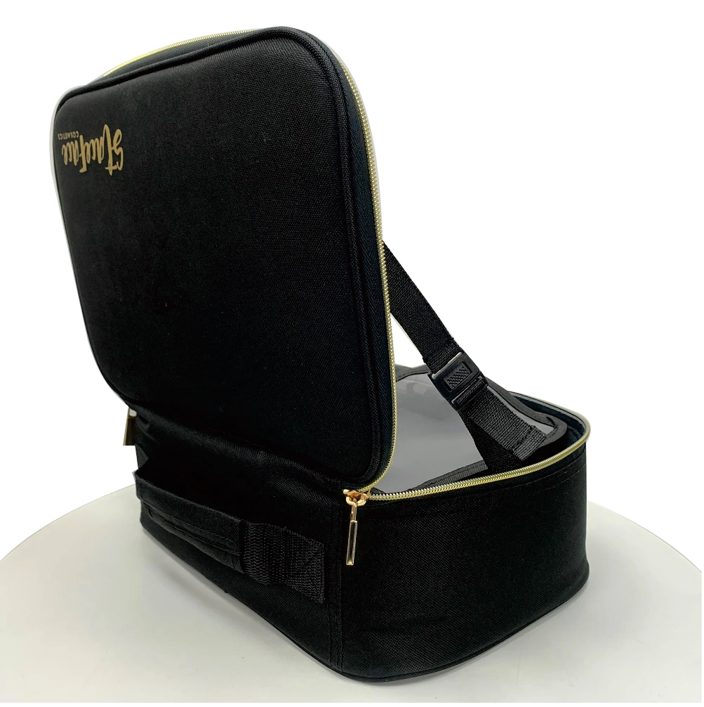 Wholesale Custom LOGO Travel toiletry  polyester / PU  Cosmetic Makeup Bag with white LED Mirror