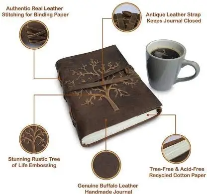 Handmade paper Leather Diary Embossed with Heart ,Antique brown Handmade Leather Bound Notepad ,Travel Diary for Men and Women