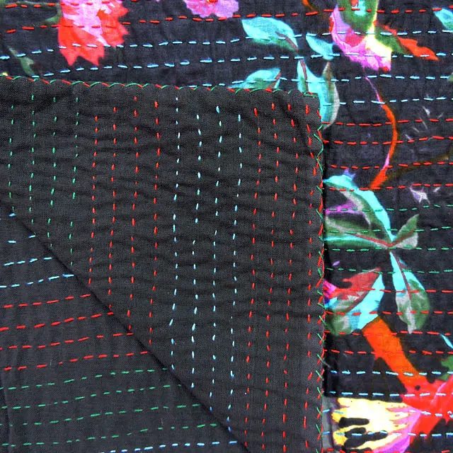 Handmade Black Bird kantha quilt Boho Bedspread