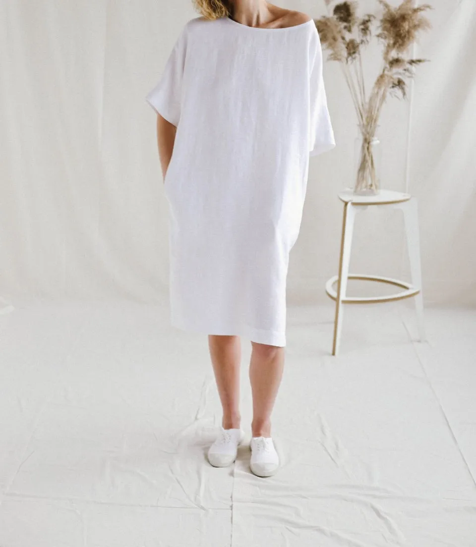 2023 Best Design Pure White Linen Loose Fit Dress Handmade Shirt Dress Half Sleeves Made With 100% Linen Made By Zed Aar Exports