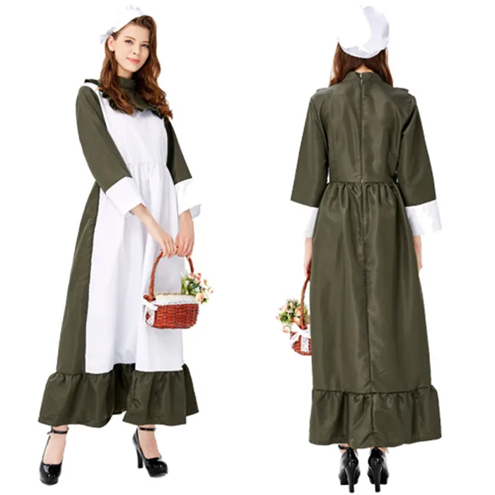 
Women Sexy Long Maid Halloween Costume French Maid Uniform Dress 