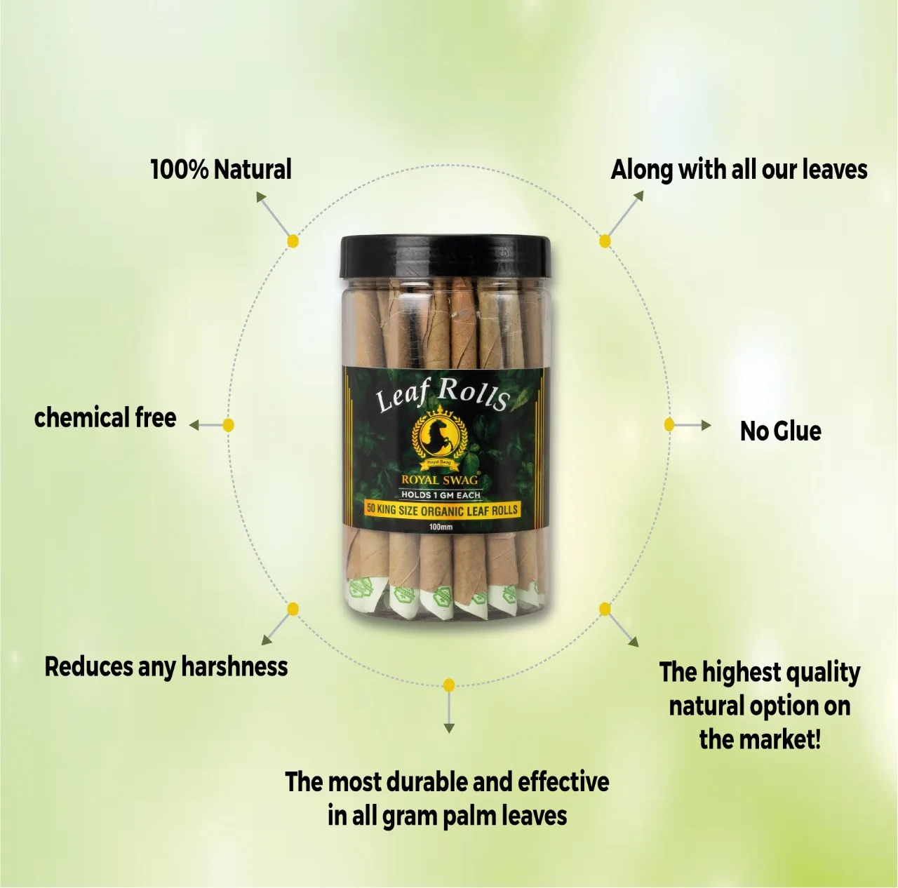Royal Swag 100 MM King Size Leaf Rolls Ready to Use Cones Jar with 1 filling stick, Super Slow Burning, Real Tendu Palm Leaf