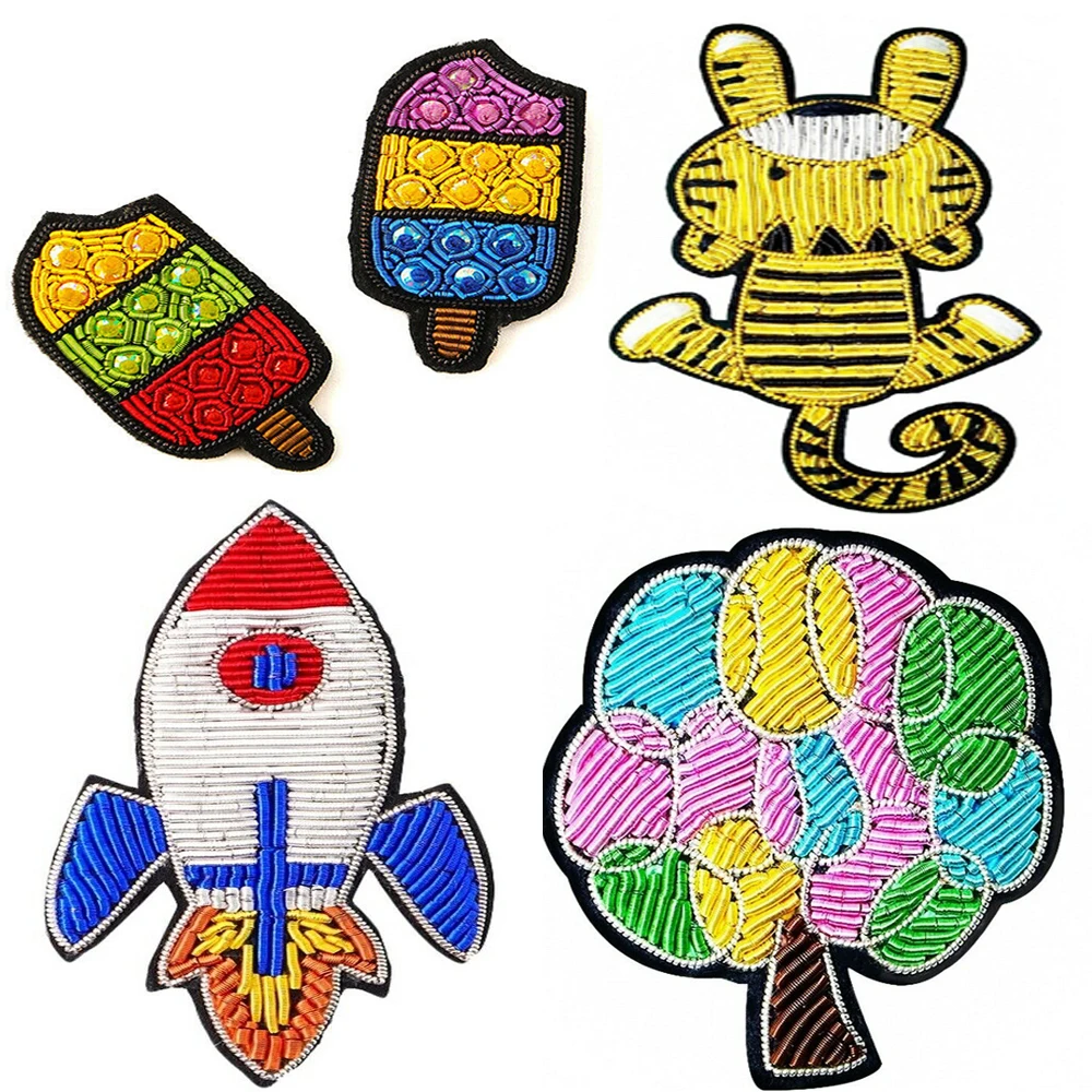 Bullion wire Hand-embroidered ice cream  tiger rocket  plant  brooch Indian silk badge pin cartoon brooch