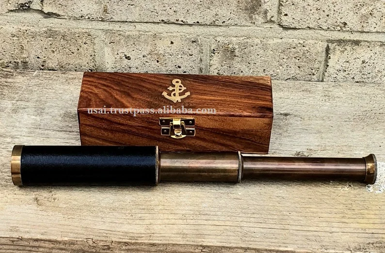 Antique Design 12 Inch Telescope Handheld Wooden Box Optic Nautical Pirate Scope Spyglass Leather Covered Telescope with Anchor