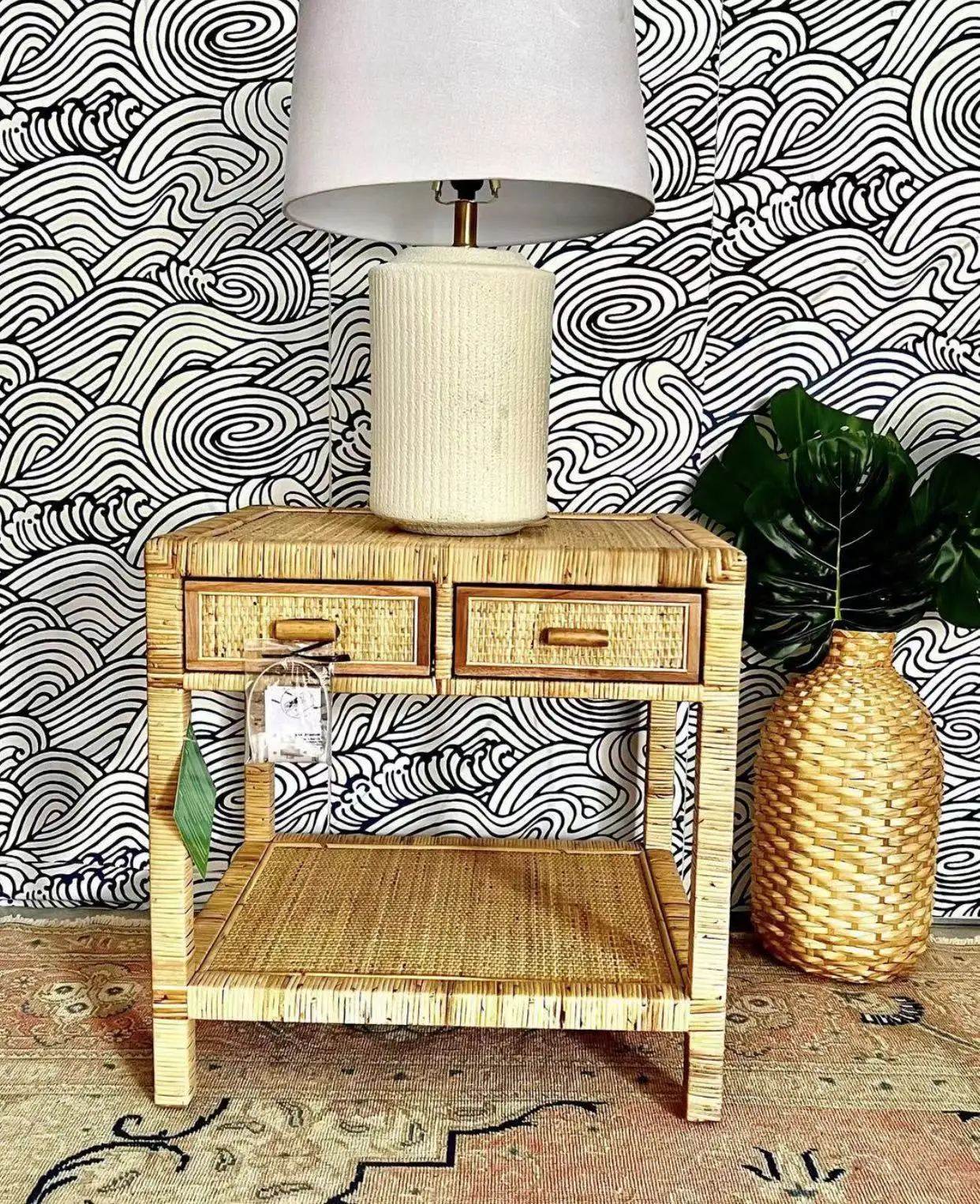 Mid Century Natural Antique Bedroom Furniture Hand Crafted Rectangular Rattan Wood Plywood HAYES Bed Side Table