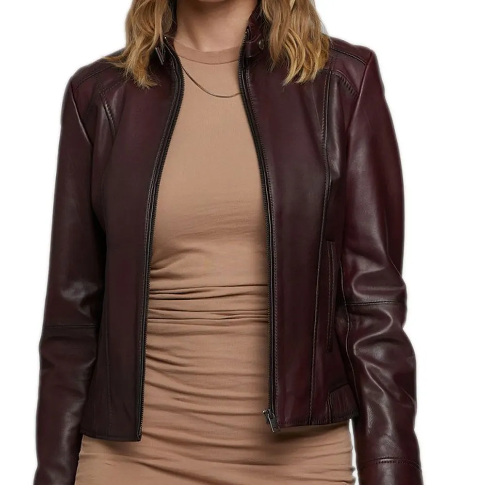 2021 New Arrival Ladies Cowhide genuine leather jackets Women Red Belted Plus Size Cropped Long Sleeve Leather Bomber Jacket
