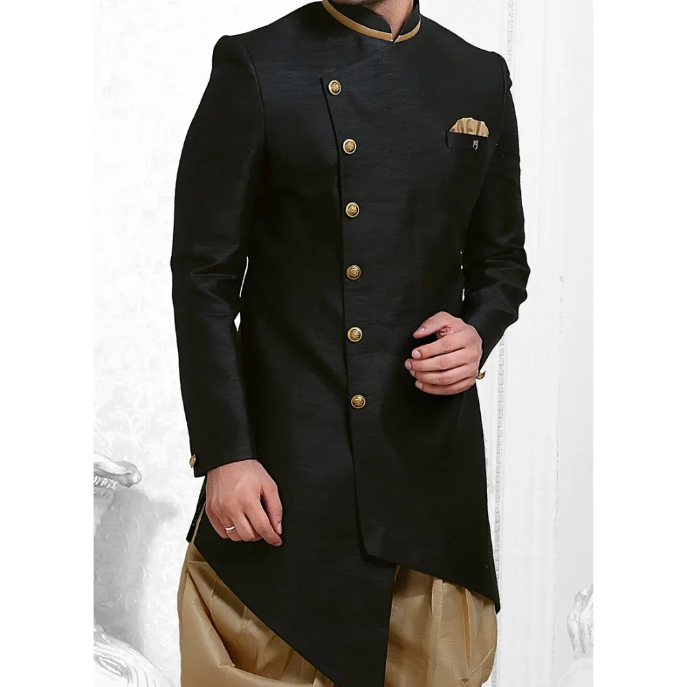 Черное искусство черное шелковое до западного шервани с боковым карманом Необычные пуговицы в стиле dhoti