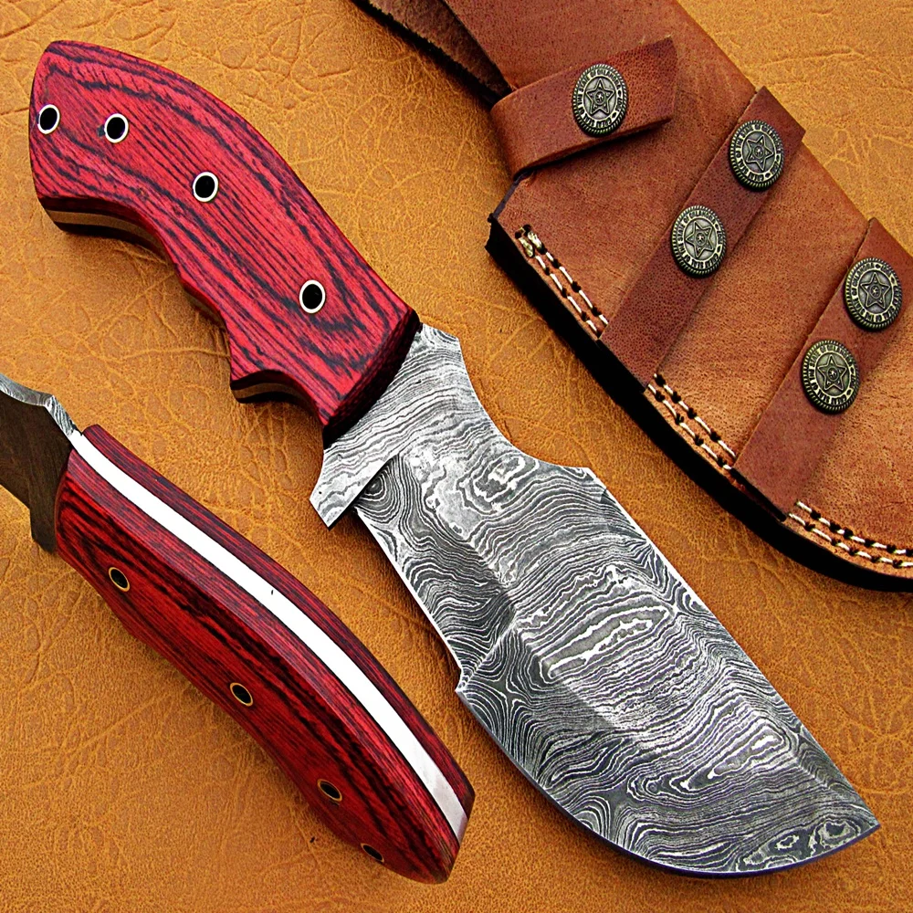 100% Top High Quality Damascus Steel Tracker knife/ Camping survival knife wood handle with pure Leather Sheath  SCW-TK-0017