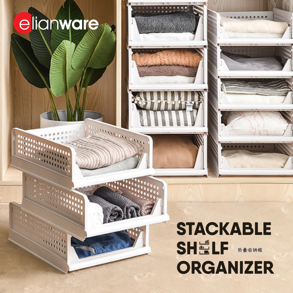Elianware Foldable Stackable Shelf Storage Organizer Self Assembler Wardrobe Basket Storage Box Drawer