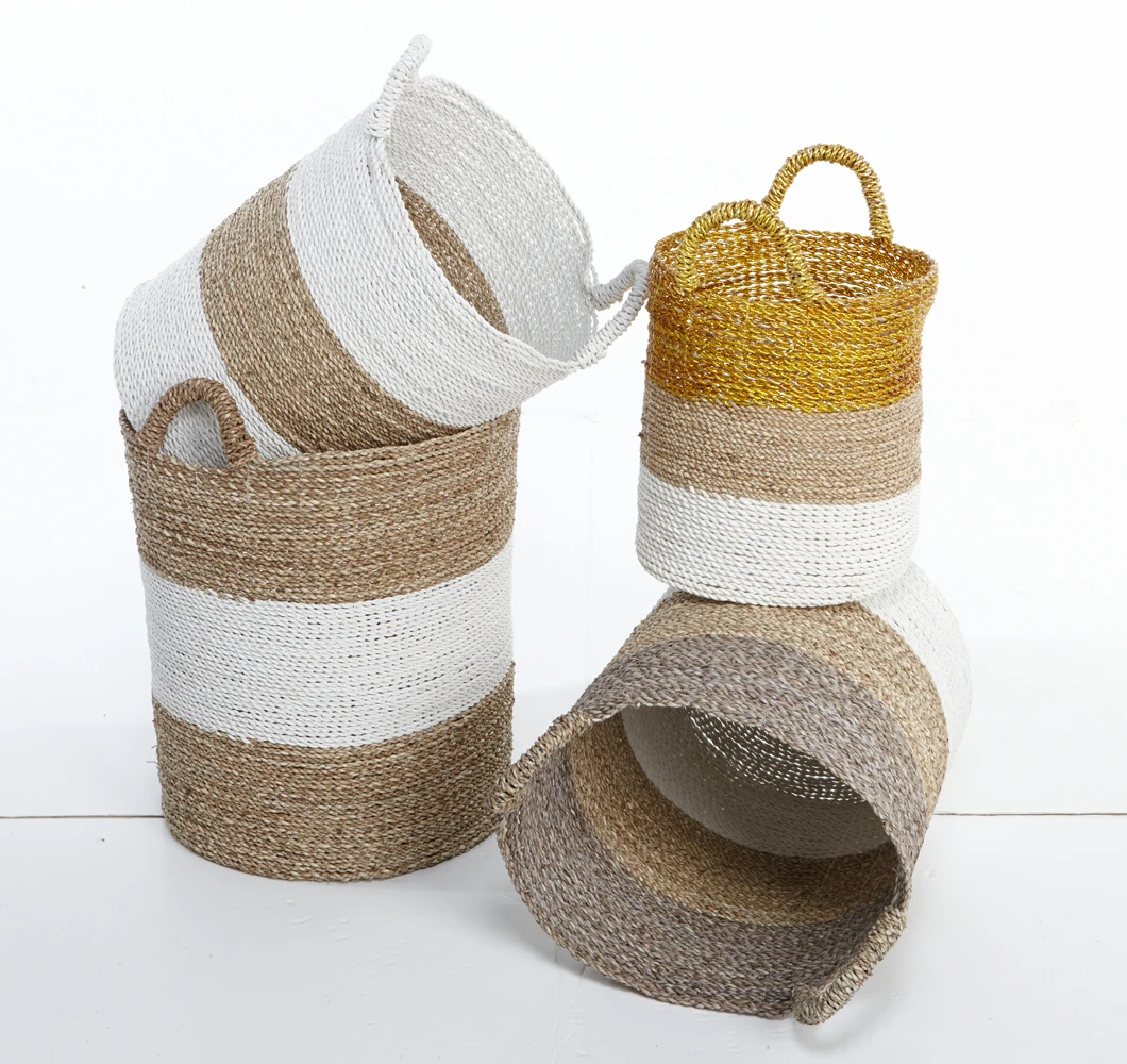Kuning murni Eco-Friendly Handmade Pandan Basket Deco Set of 4 Art Decor Natural Material Handmade Basket