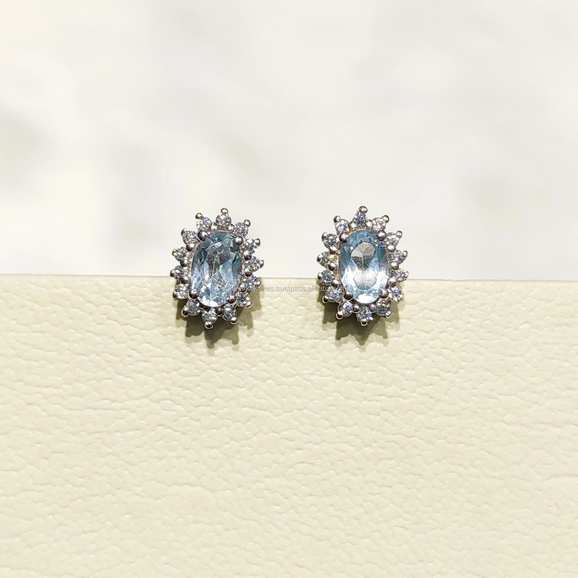 Sky Blue Topaz Semi Precious Gemstone Stud Earrings Jewelry ERC 554 925 Sterling Silver Cubic Zirconia Natural Women Trendy