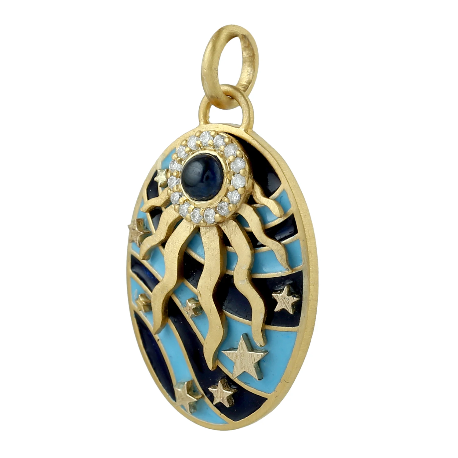 
Blue Sapphire Sunburst & Star Charm Enamel Diamond Pendant 14k Yellow Gold Jewelry For Her 