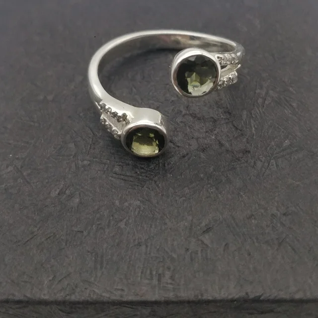 Real Round Moldavite Stone Sterling Silver Ring Studded With Diamond From Origin Good Quality Definitely Genuine