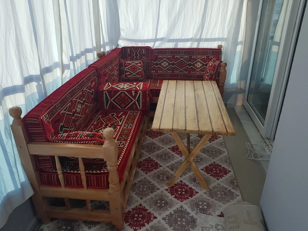 Outdoor Corner Sofa Set Outdoor Wood Sofa  Corner Set  Ottoman Style Oriental Corner Sofa Set + 32 Dances Sponge Cushion Pillows