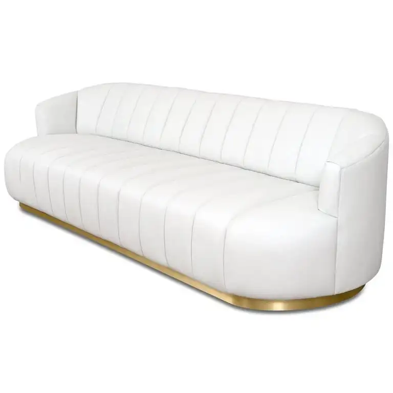Modern Pearl White Faux Leather Metal Brass Leg Sofa