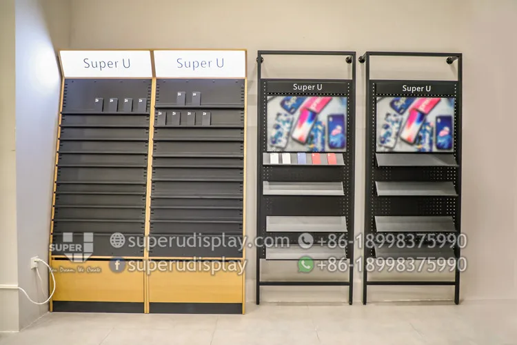 Fashion Customized Adjustable Phone Component Electronics Accessories Display Stand Mobile Phone Wall Display Shelf with Storage