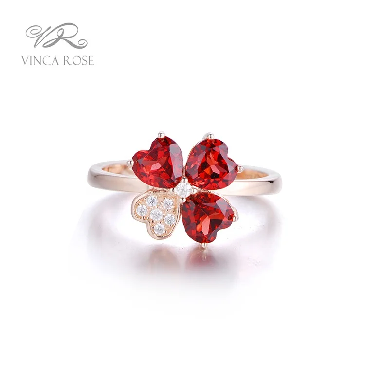 clover flower ring jewelry red stone cz women silver ring