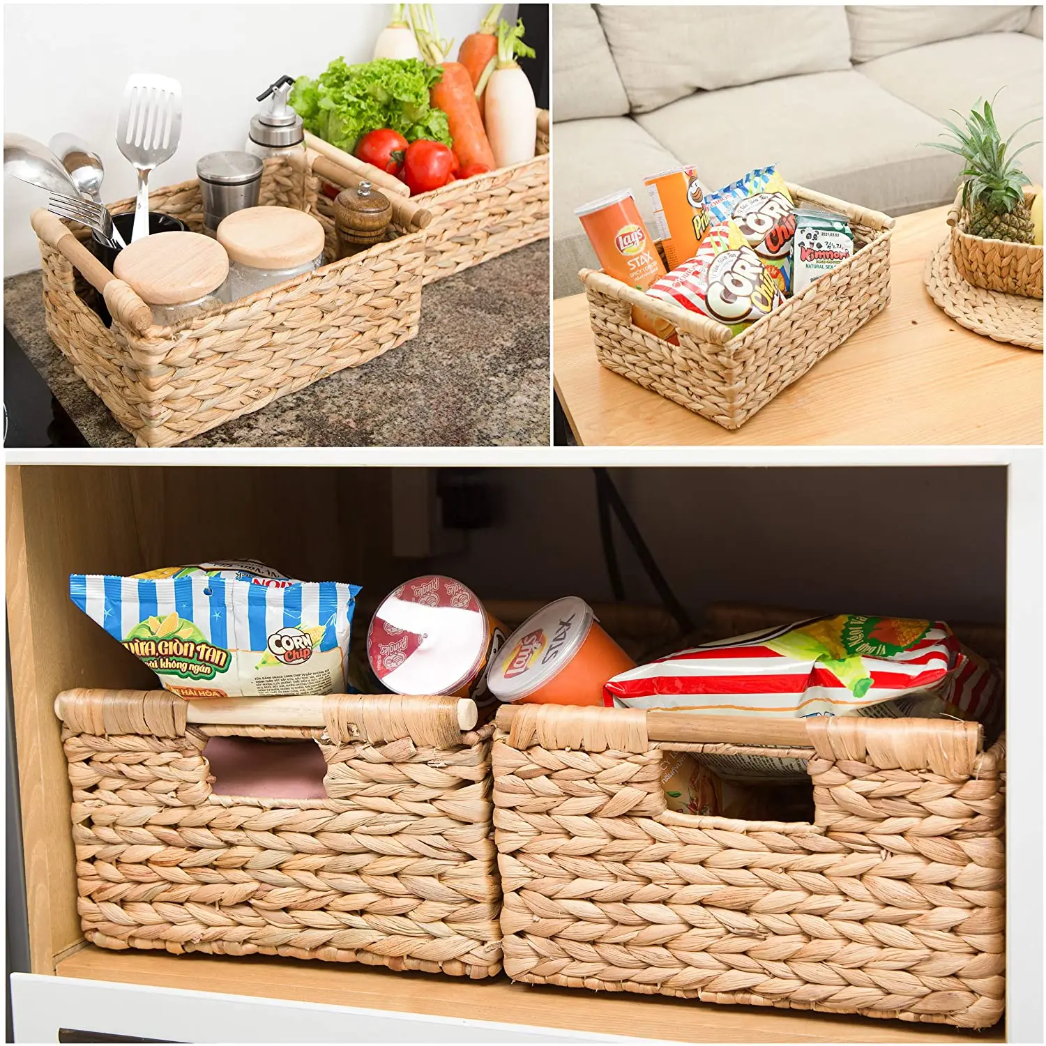 Vietnam Wicker Baskets for Storage Organizing Water Hyacinth Storage Baskets Rectangular with Wooden Handles