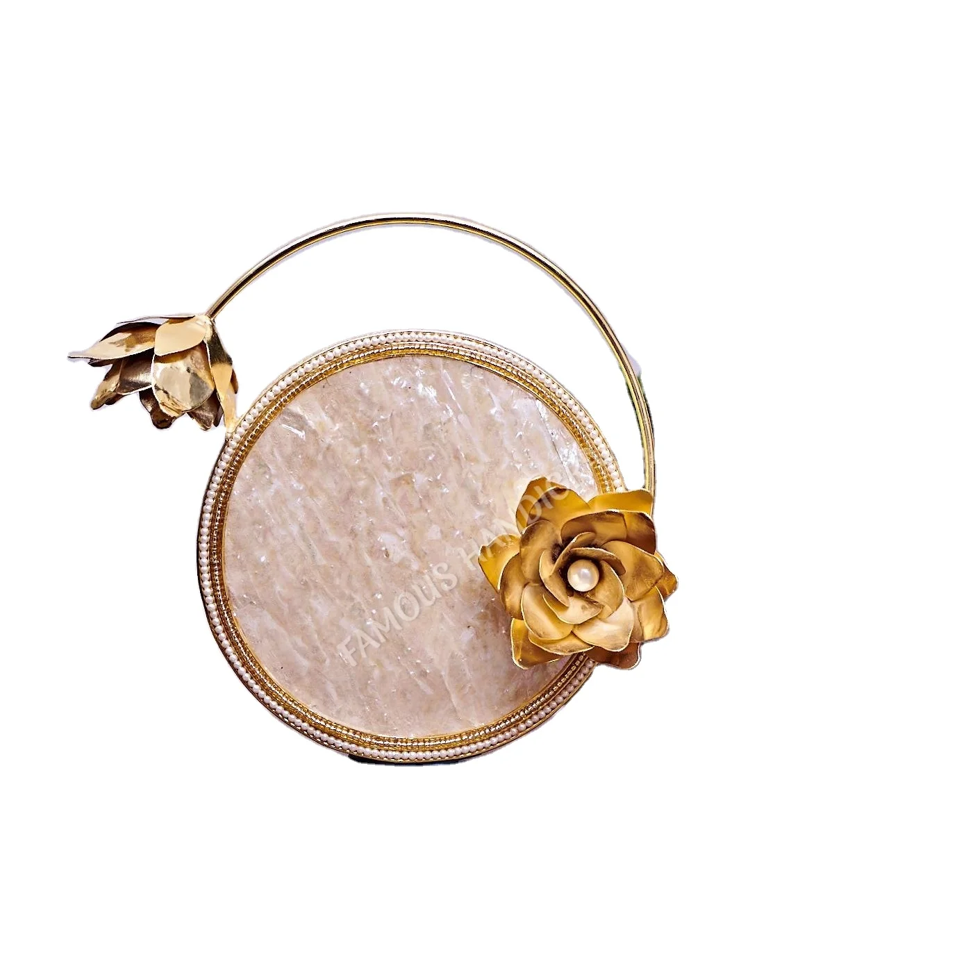 Mother of Pearl round handcrafted, handmade, designer luxury handbag,