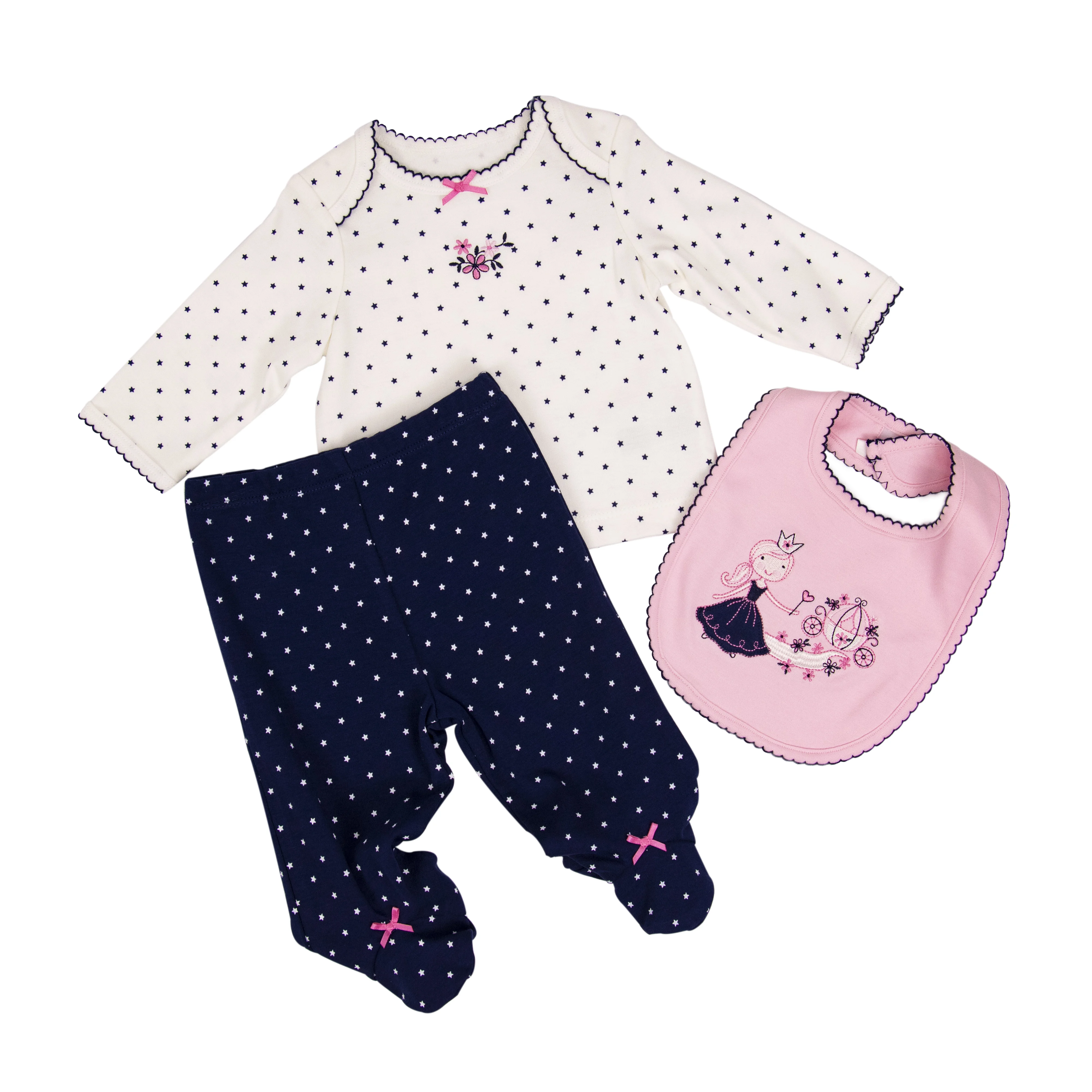 Winter Spring Infant Girls 3 Piece Embroidered Bib Kids Outfit Set Baby Footie Pants Tshirt Polka Dot Pajamas Toddler Clothing