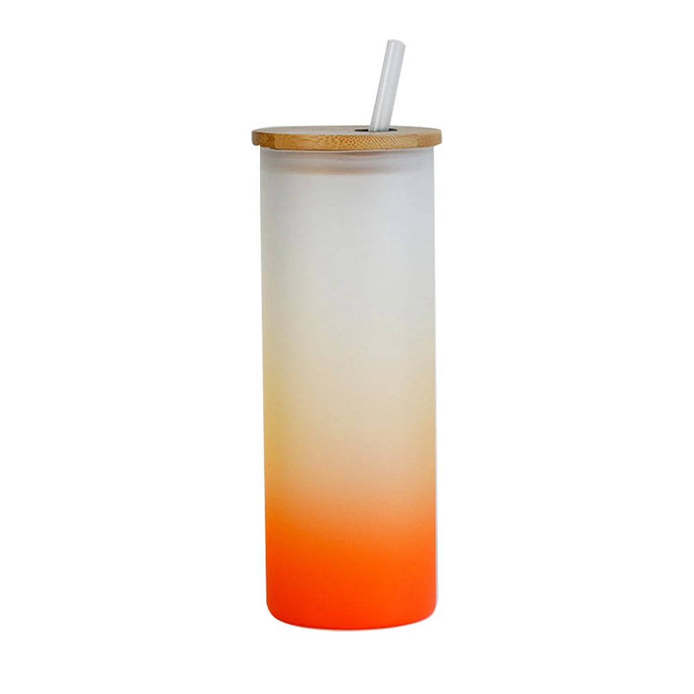 Blank 18oz / 25oz Straight Tumbler with Bamboo Cover Color Gradient Frosted Glass Mug Sublimation Soda Glass with Straw