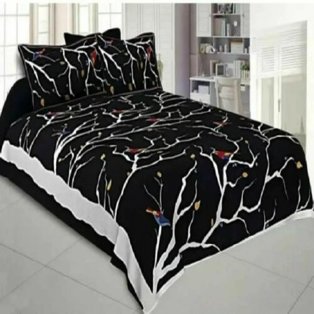 Pure Cotton Black Color Double Bed Sheet with 2 Pillow Covers low price beautiful floral printed